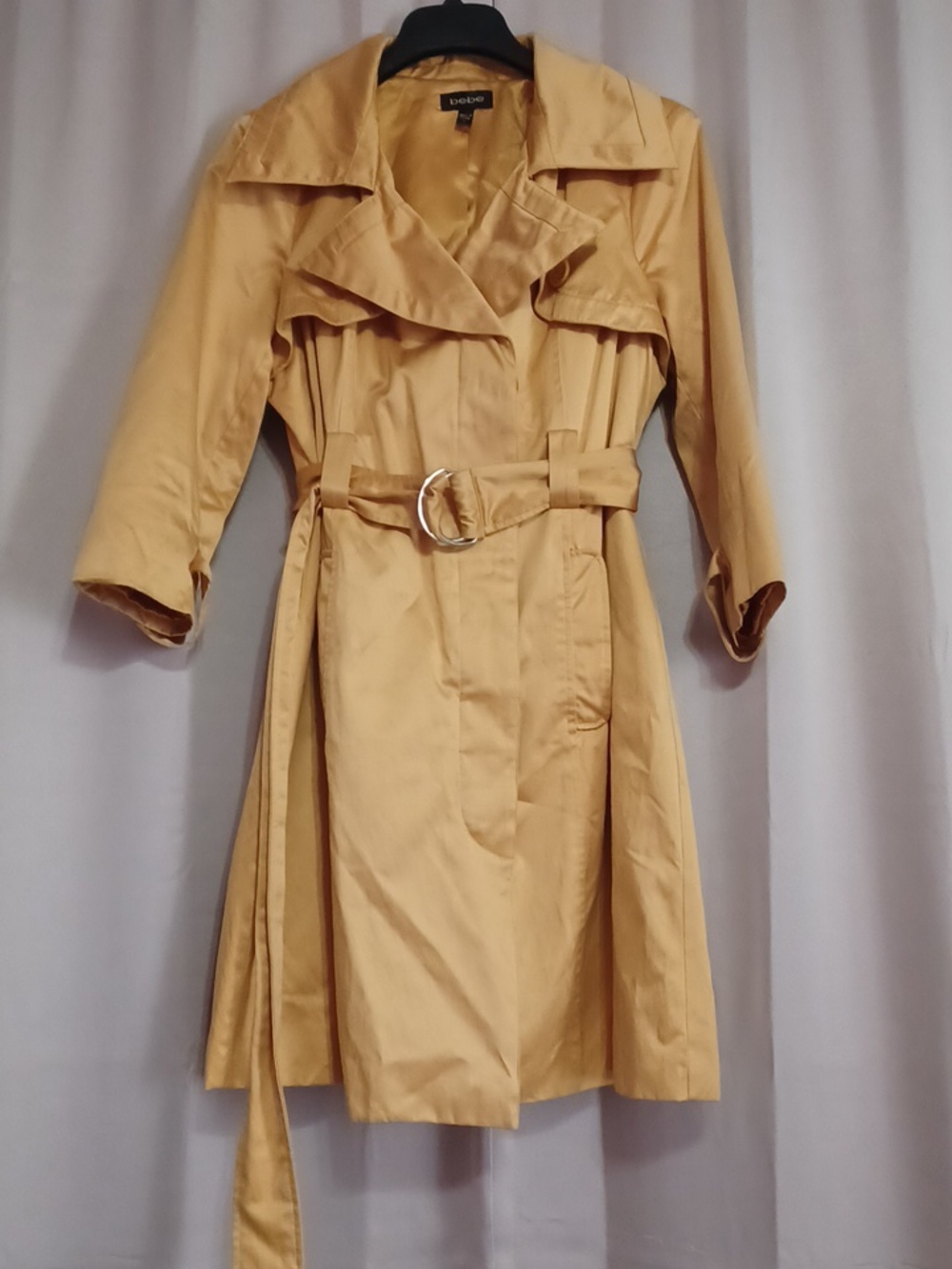 Bebe Y2K Gold Satin Belted Trenchcoat 3/4 Sleeve Mid Length Notched Lapel Sz L